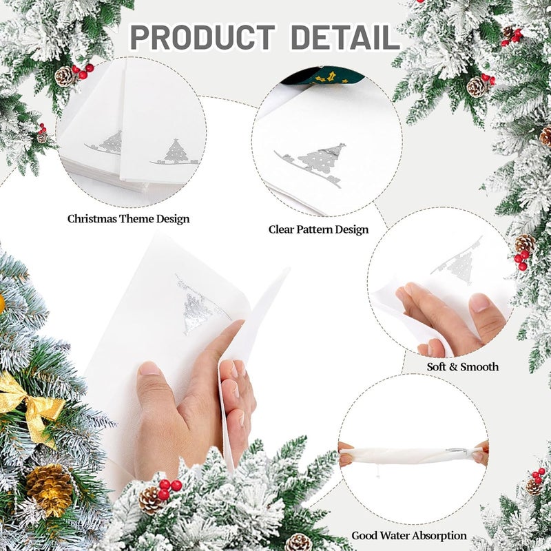 Joyido 100PCS Christmas Paper Napkins - Silver Christmas Tree Napkin with Built-in Flatware Pocket Prefolded Cloth-Like - Heavy-duty Linen-Feel Dinner Napkins Disposable for Xmas Tableware Decor - Image 3